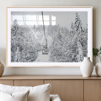 60296839-MGC-FP-36x24_Natural-Snowy Mountains Wall Art Canvas Print, Framed Ski Lift Art Picture Print, Winter Forest Perfect Winter Minimalist Decor Artwork