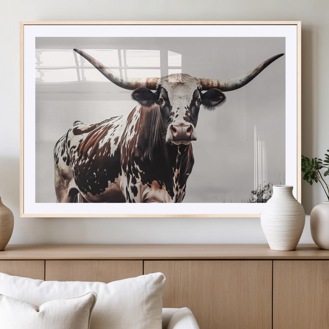 95249234-MGV-CV-36X24-Texas Longhorn Wall Art Canvas Print, Framed Spotted Bull Art Picture Print, Horned Cattle Perfect Rustic Farmhouse Decor Artwork