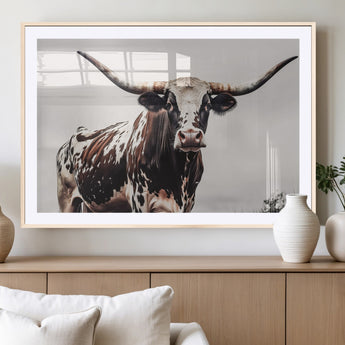 95249234-MGV-CV-36X24-Texas Longhorn Wall Art Canvas Print, Framed Spotted Bull Art Picture Print, Horned Cattle Perfect Rustic Farmhouse Decor Artwork