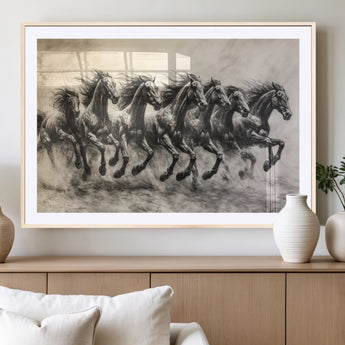 56089591-MGV-CV-36X24-Galloping Horses Wall Art Canvas Print, Framed Wild Stallions Art Picture Print, Horse Herd Sketch Perfect Monochrome Dynamic