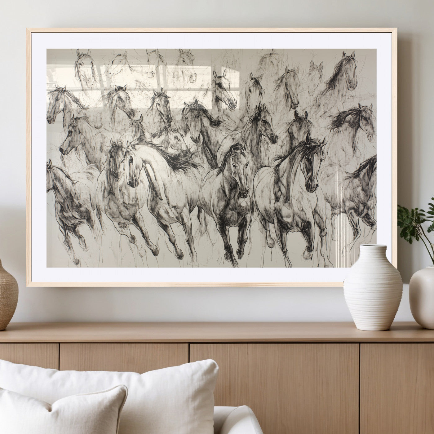 19433417-MGV-CV-36X24-Running Horses Wall Art Canvas Print, Framed Horse Sketch Art Picture Print, Galloping Herd Perfect Monochrome Western Decor