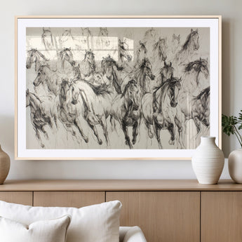 19433417-MGV-CV-36X24-Running Horses Wall Art Canvas Print, Framed Horse Sketch Art Picture Print, Galloping Herd Perfect Monochrome Western Decor