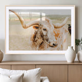 21060648-MGC-FP-36x24_Natural-Texas Longhorn Wall Art Canvas Print, Framed Speckled Cow Art Picture Print, Rustic Bull Perfect Rustic Western Decor Artwork