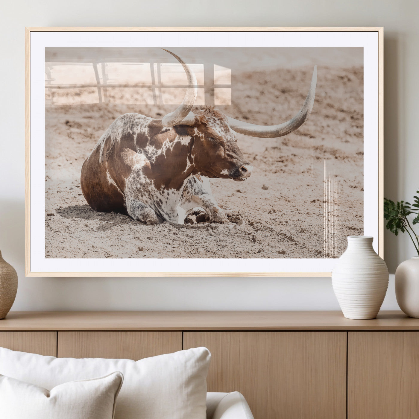 25407592-MGV-CV-36X24-Texas Longhorn Wall Art Canvas Print, Framed Resting Bull Art Picture Print, Spotted Cattle Perfect Rustic Western Decor Artwork