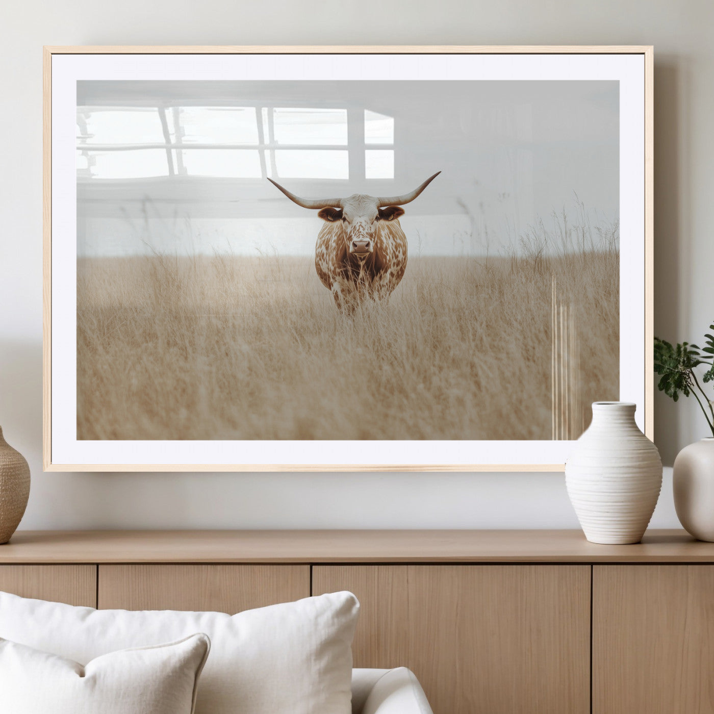 20927060-MGC-FP-36x24_Natural-Texas Longhorn Wall Art Canvas Print, Framed Lone Cattle Art Picture Print, Longhorn Bull Perfect Rustic Western Decor Artwork