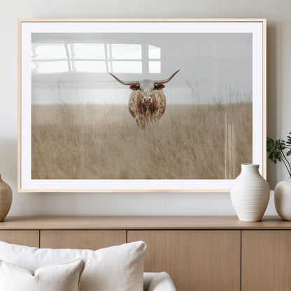 20927060-MGV-CV-36X24-Texas Longhorn Wall Art Canvas Print, Framed Lone Cattle Art Picture Print, Longhorn Bull Perfect Rustic Western Decor Artwork
