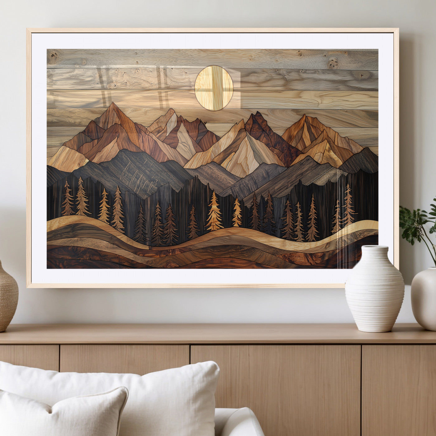 50100230-MGV-CV-36X24-Wooden Mountain Wall Art – Rustic Nature Landscape Canvas Print, Handmade Style Sun, Forest, and Peaks Artwork for Living Room,