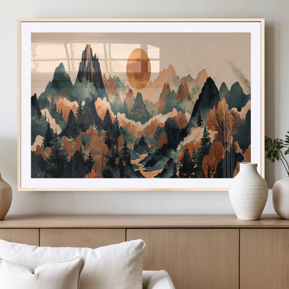 13012770-MGC-FP-36x24_Natural-Mountain Landscape Wall Art – Modern Nature Canvas Print with Sun, Misty Peaks, and Forest in Orange and Green Tones for Living