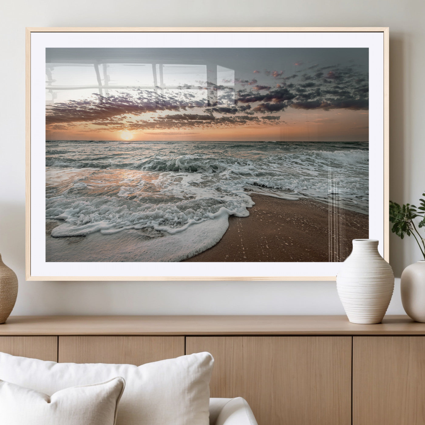 40632752-MGC-FP-36x24_Natural-Ocean Sunset Wall Art Canvas Print, Framed Beach Waves Art Picture Print, Coastal Scene Perfect Coastal Decor Artwork