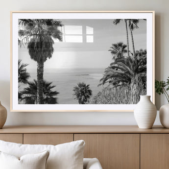 89458520-MGV-CV-36X24-Palm Trees Wall Art Canvas Print, Framed Coastal View Art Picture Print, Ocean Horizon Perfect Monochrome Coast Decor Artwork