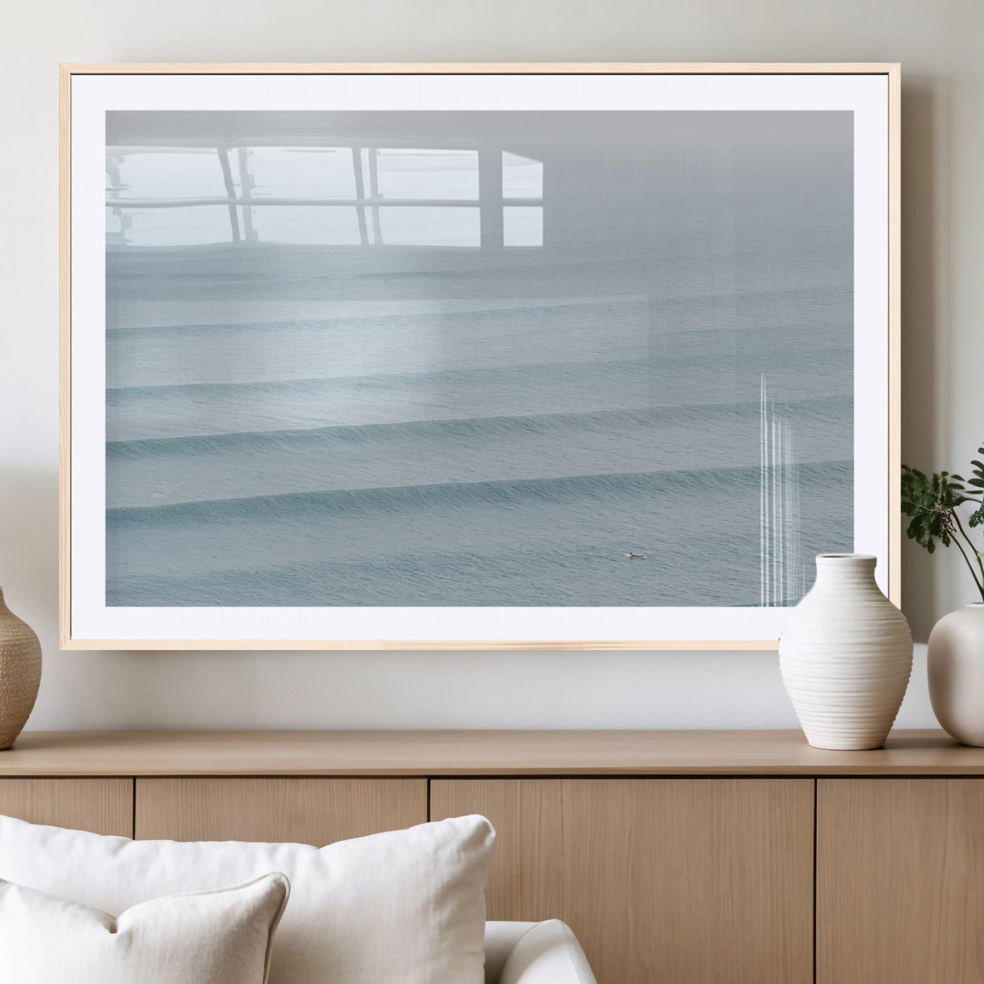 47814787-MGC-FP-36x24_Natural-Ocean Waves Wall Art Canvas Print, Framed Solo Surfer Art Picture Print, Wave Lines Perfect Minimalist Ocean Decor Artwork