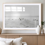 33449548-MGC-FP-36x24_Natural-Group Surfers Wall Art Canvas Print, Framed Ocean Wave Art Picture Print, Surf Crowd Perfect Monochrome Surf Decor Artwork