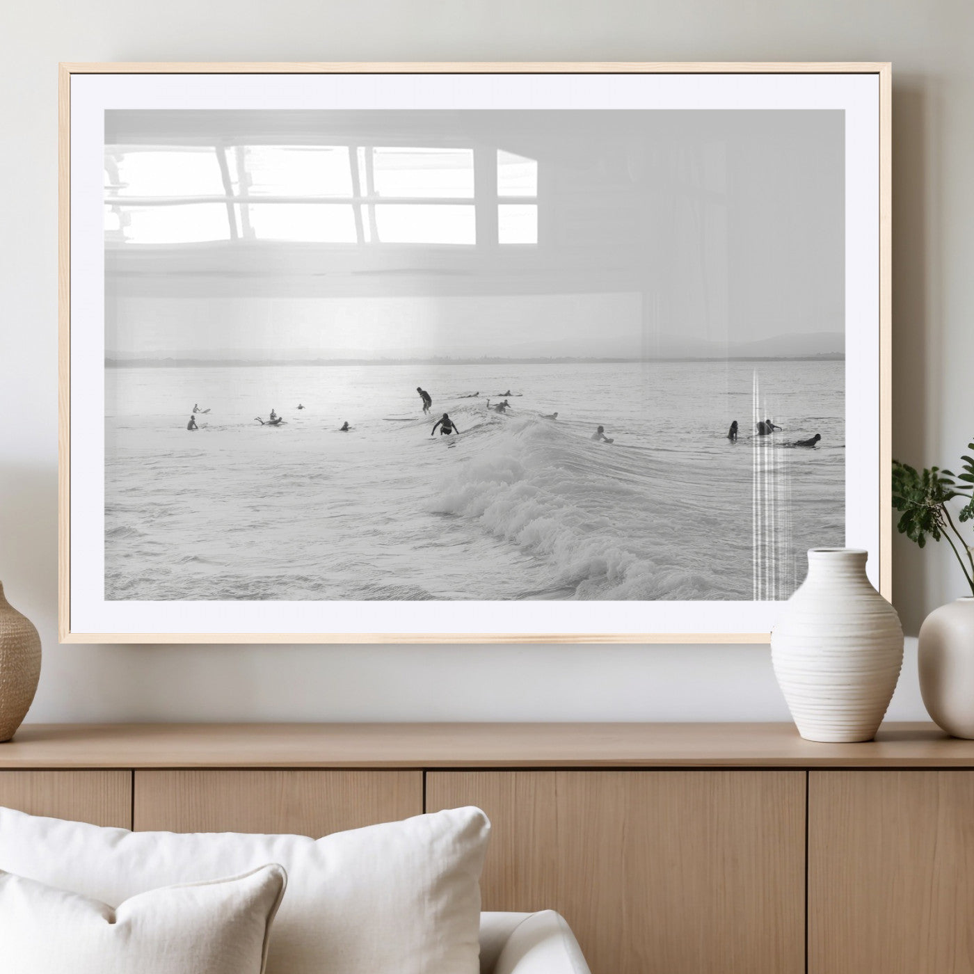 33449548-MGV-CV-36X24-Group Surfers Wall Art Canvas Print, Framed Ocean Wave Art Picture Print, Surf Crowd Perfect Monochrome Surf Decor Artwork