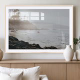 62501405-MGC-FP-36x24_Natural-Misty Beach Wall Art Canvas Print, Framed California Surfer Art Picture Print, Coastal Cliff Perfect Coastal Beach Decor Artwork