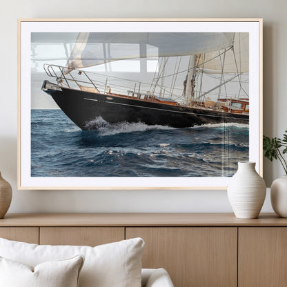 97168626-MGC-FP-36x24_Natural-Sailing Yacht Wall Art Canvas Print, Framed Wooden Yacht Art Picture Print, Ocean Waves Perfect Nautical Coastal Decor Artwork