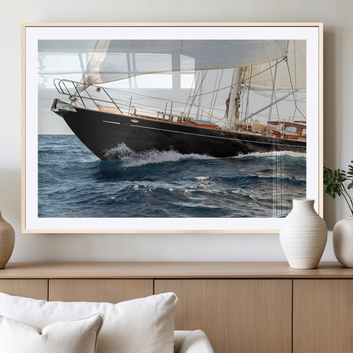 97168626-MGV-CV-36X24-Sailing Yacht Wall Art Canvas Print, Framed Wooden Yacht Art Picture Print, Ocean Waves Perfect Nautical Coastal Decor Artwork