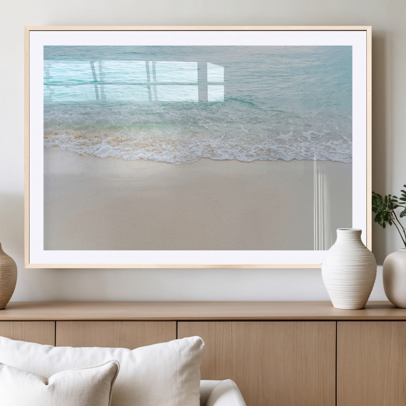 77194056-MGC-FP-36x24_Natural-Soft Shoreline Wall Art Canvas Print, Framed Gentle Waves Art Picture Print, Clear Water Perfect Minimalist Coastal Decor Artwork