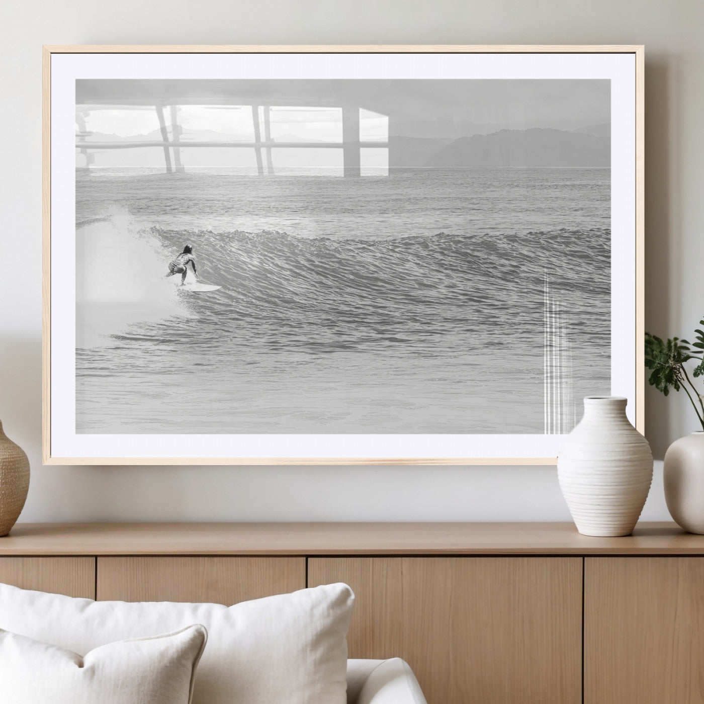 81535128-MGC-FP-36x24_Natural-Surfer Woman Wall Art Canvas Print, Framed Black Ocean Art Picture Print, Ocean Surfing Perfect Monochrome Coastal Decor Artwork