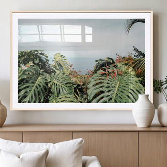 45700479-MGV-CV-36X24-Monstera Leaves Wall Art Canvas Print, Framed Tropical Ocean Art Picture Print, Tropical Foliage Perfect Tropical Coastal Jungle