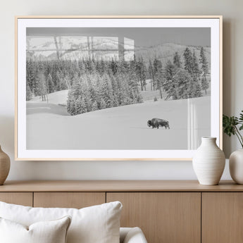 68081143-MGC-FP-36x24_Natural-Snowy Bison Wall Art Canvas Print, Framed Winter Forest Art Picture Print, Lone Bison Perfect Monochrome Winter Wild Decor Artwork