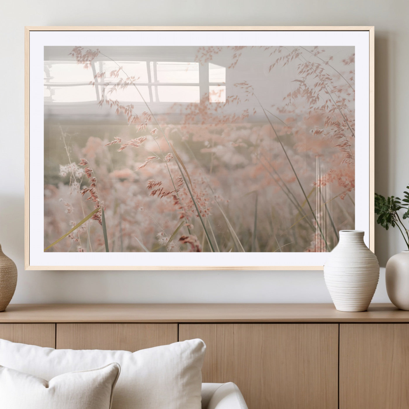 79164340-MGC-FP-36x24_Natural-Pastel Grasses Wall Art Canvas Print, Framed Soft Meadow Art Picture Print, Field in Breeze Perfect Pastel Minimal Decor Artwork