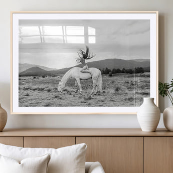 62789800-MGV-CV-36X24-White Horse Wall Art Canvas Print, Framed Woman Rider Art Picture Print, Equestrian Pose Perfect Western Boho Decor Artwork