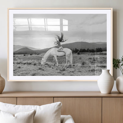 62789800-MGV-CV-36X24-White Horse Wall Art Canvas Print, Framed Woman Rider Art Picture Print, Equestrian Pose Perfect Western Boho Decor Artwork