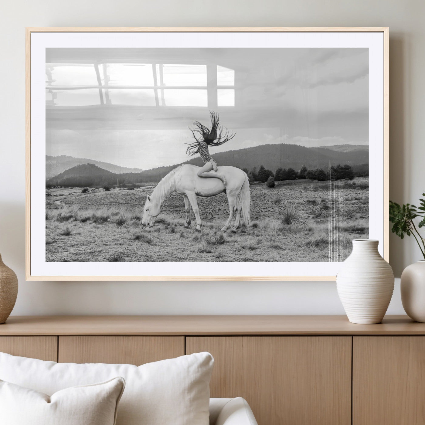 62789800-MGC-FP-36x24_Natural-White Horse Wall Art Canvas Print, Framed Woman Rider Art Picture Print, Equestrian Pose Perfect Western Boho Decor Artwork