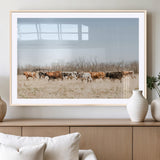 16563092-MGV-CV-36X24-Texas Longhorns Wall Art Canvas Print, Framed Western Cattles Art Picture Print, Rustic Herd Perfect Rustic Farmhouse Decor