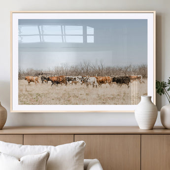 16563092-MGV-CV-36X24-Texas Longhorns Wall Art Canvas Print, Framed Western Cattles Art Picture Print, Rustic Herd Perfect Rustic Farmhouse Decor