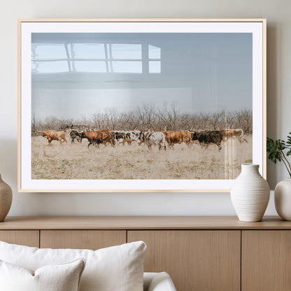 16563092-MGV-CV-36X24-Texas Longhorns Wall Art Canvas Print, Framed Western Cattles Art Picture Print, Rustic Herd Perfect Rustic Farmhouse Decor