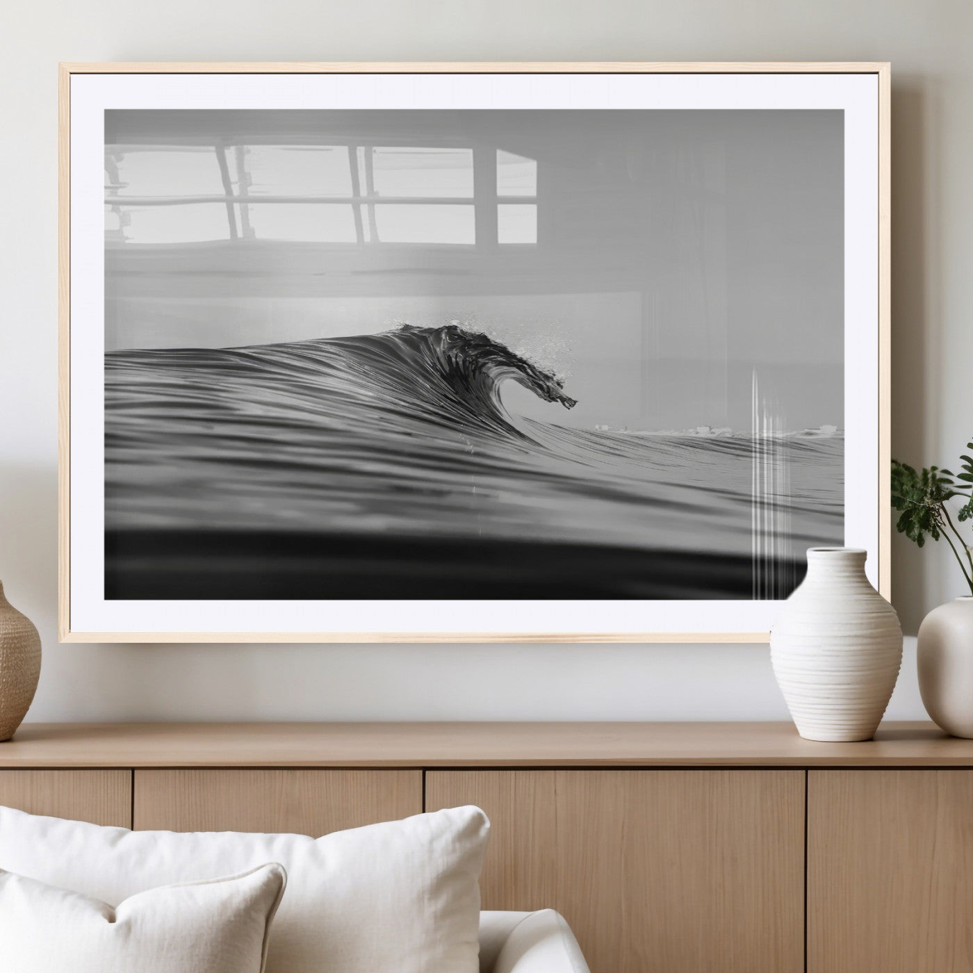 24029476-MGV-CV-36X24-Black Wave Wall Art Canvas Print, Framed Abstract Surf Art Picture Print, Minimalist Ocean Perfect Minimalist Coastal Decor