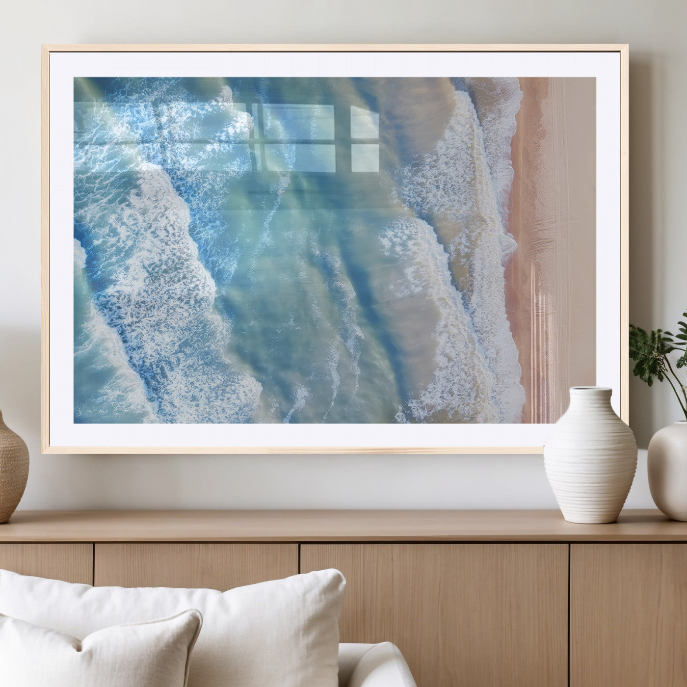 17641845-MGV-CV-36X24-Aerial Ocean Wall Art Canvas Print, Framed Blue Waves Art Picture Print, Sandy Shoreline Perfect Modern Coastal Decor Artwork