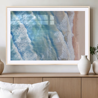 17641845-MGC-FP-36x24_Natural-Aerial Ocean Wall Art Canvas Print, Framed Blue Waves Art Picture Print, Sandy Shoreline Perfect Modern Coastal Decor Artwork