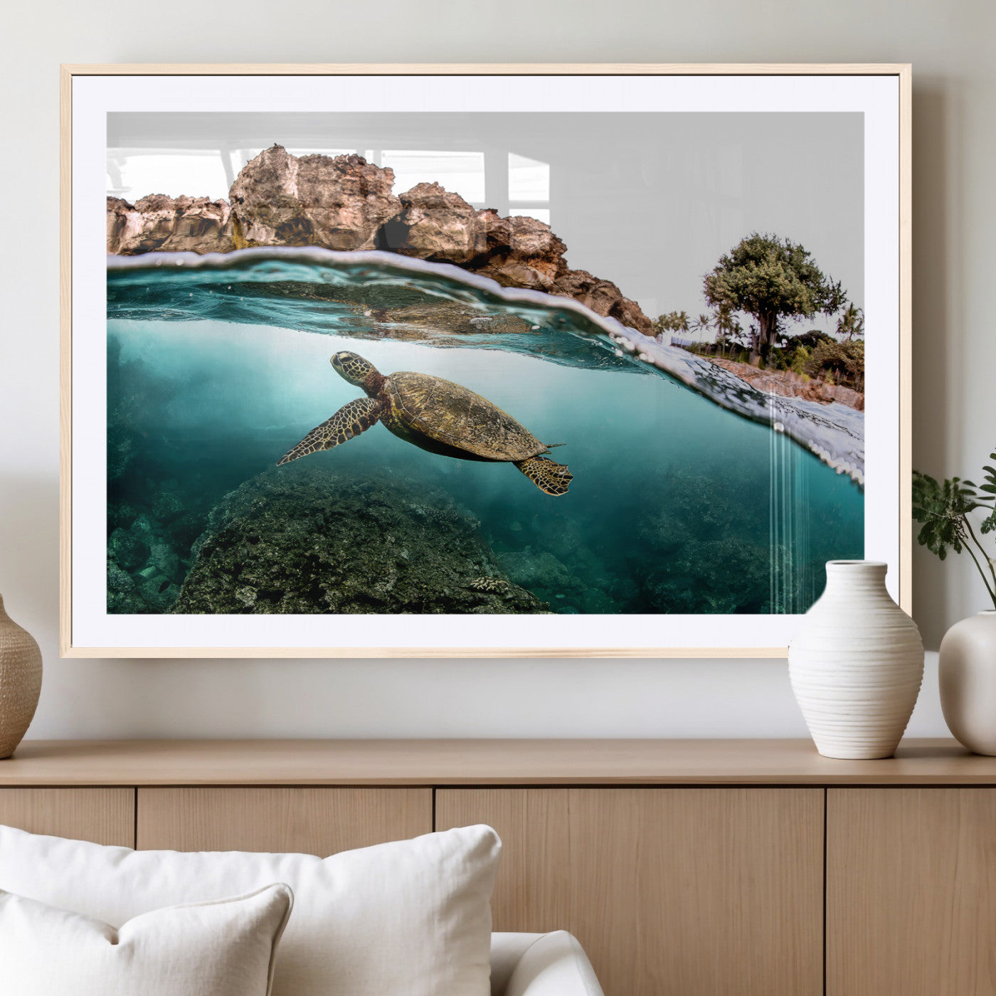 44200301-MGV-CV-36X24-Sea Turtle Swim Wall Art Canvas Print, Framed Ocean Life Art Picture Print, Tropical Shoreline Perfect Tropical Coastal Decor