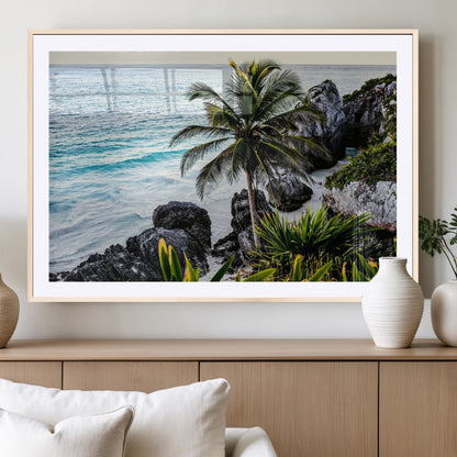 94669907-MGV-CV-36X24-Tropical Coastline Wall Art Canvas Print, Framed Palm Tree Art Picture Print, Rocky Beach Perfect Tropical Coastal Decor Artwork