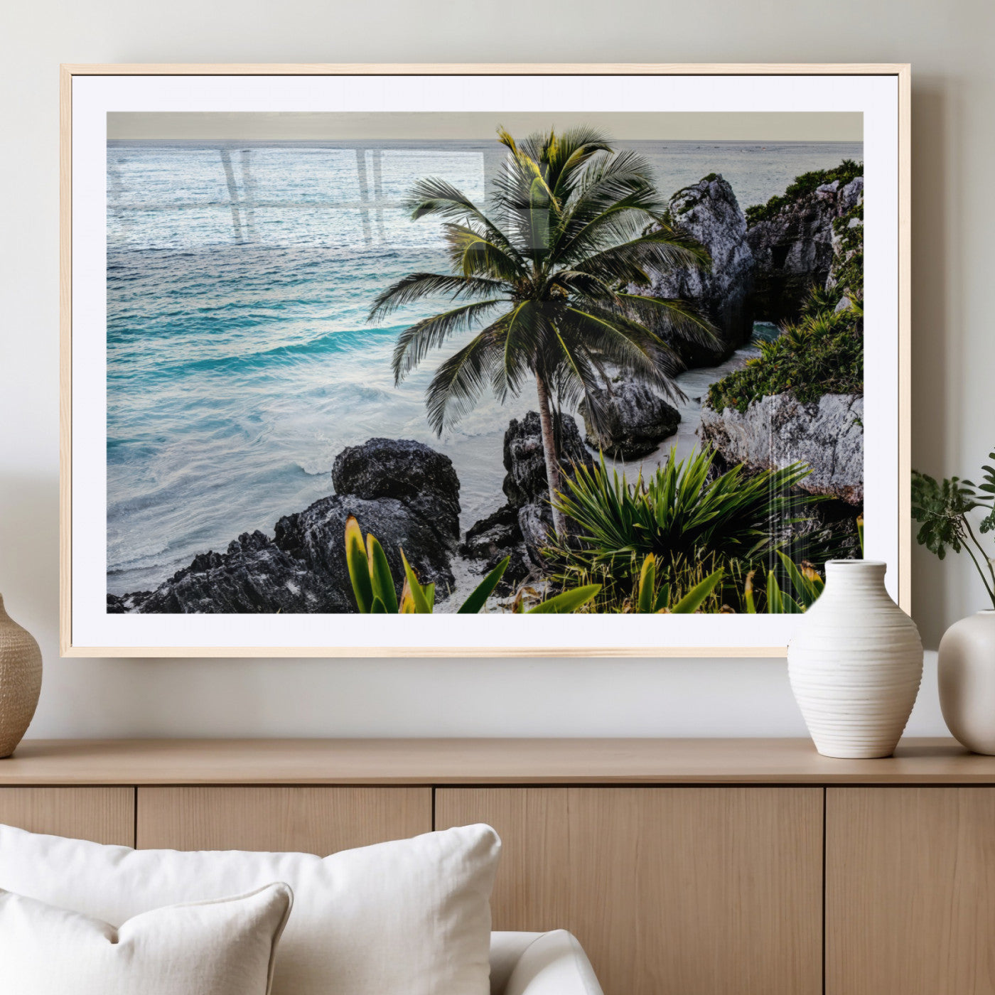94669907-MGC-FP-36x24_Natural-Tropical Coastline Wall Art Canvas Print, Framed Palm Tree Art Picture Print, Rocky Beach Perfect Tropical Coastal Decor Artwork