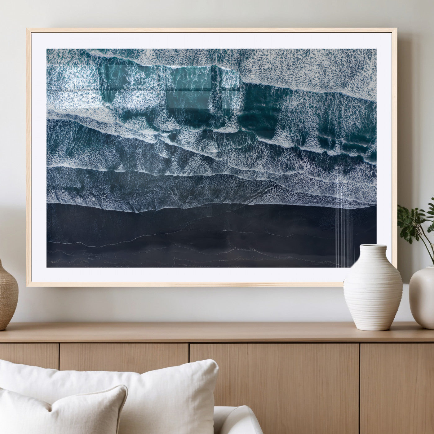 87941475-MGC-FP-36x24_Natural-Black Beach Wall Art Canvas Print, Framed Aerial Ocean Art Picture Print, Moody Coastal Perfect Modern Coastal Decor Artwork