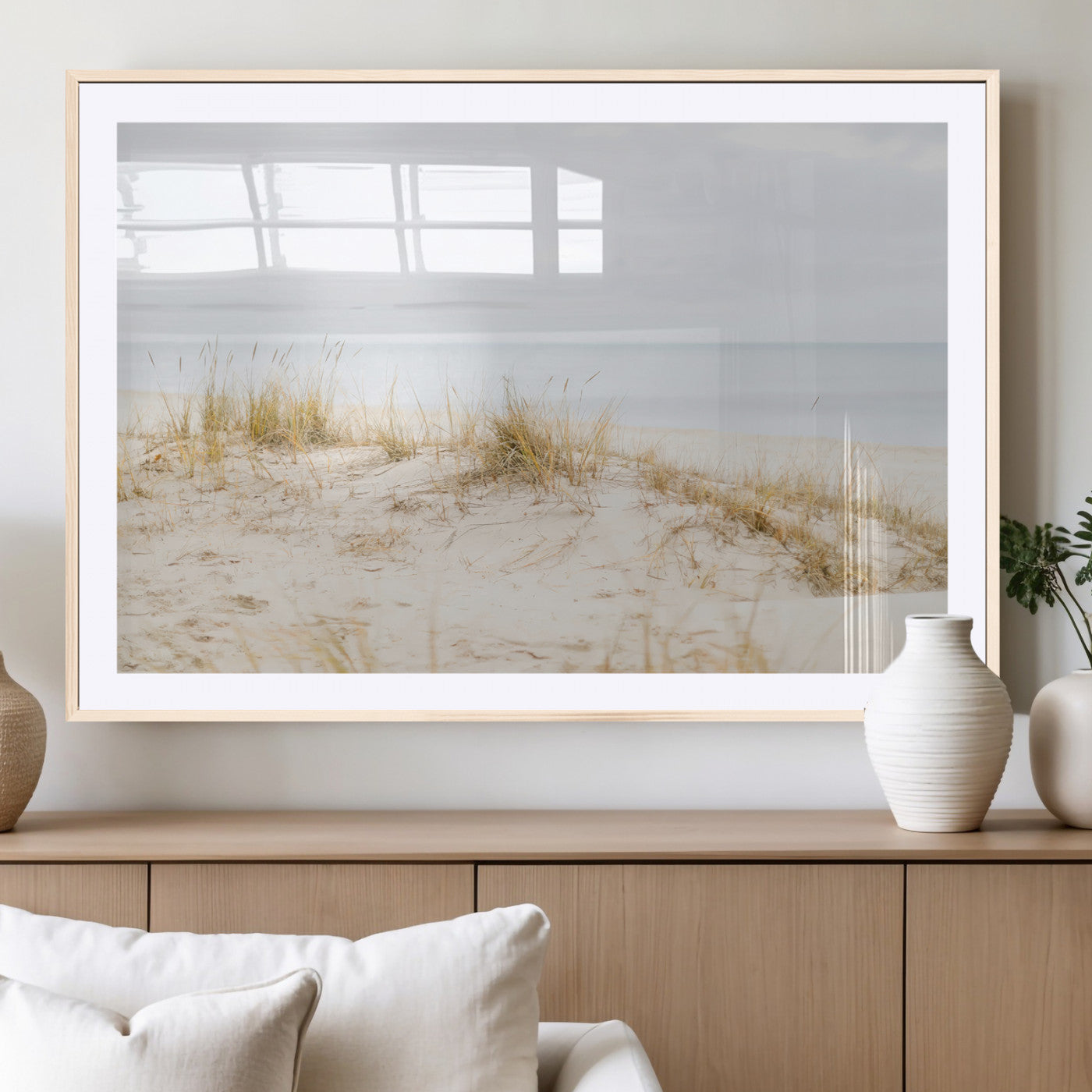 13146857-MGC-FP-36x24_Natural-Beach Dunes Wall Art Canvas Print, Framed Soft Horizon Art Picture Print, Coastal Grass Perfect Minimalist Coastal Decor Artwork
