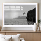 52284302-MGV-CV-36X24-Cliff Jumping Wall Art Canvas Print, Framed Ocean Adventure Art Picture Print, Black White Coast Perfect Modern Coastal Decor