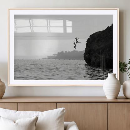 52284302-MGV-CV-36X24-Cliff Jumping Wall Art Canvas Print, Framed Ocean Adventure Art Picture Print, Black White Coast Perfect Modern Coastal Decor