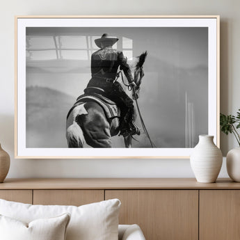83102464-MGC-FP-36x24_Natural-Western Cowboy Wall Art Canvas Print, Framed Monochrome Horse Art Picture Print, Western Equestrian Perfect Rustic Western Decor