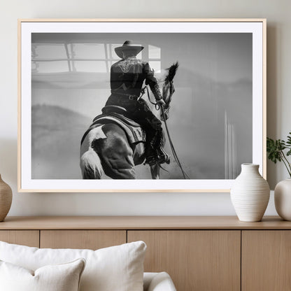 83102464-MGC-FP-36x24_Natural-Western Cowboy Wall Art Canvas Print, Framed Monochrome Horse Art Picture Print, Western Equestrian Perfect Rustic Western Decor