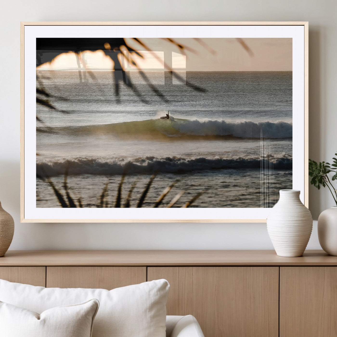 24896468-MGV-CV-36X24-Sunset Surf Wall Art Canvas Print, Framed Golden Waves Art Picture Print, Tropical Ocean Perfect Tropical Boho Decor Artwork