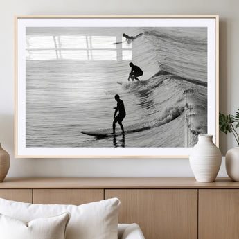19875284-MGC-FP-36x24_Natural-Surfer Waves Wall Art Canvas Print, Framed Black White Surf Art Picture Print, Monochrome Ocean Perfect Modern Coastal Decor