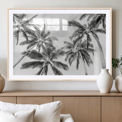 62113786-MGV-CV-36X24-Black White Palm Wall Art Canvas Print, Framed Monochrome Tropics Art Picture Print, Minimalist Beach Perfect Coastal Minimalist