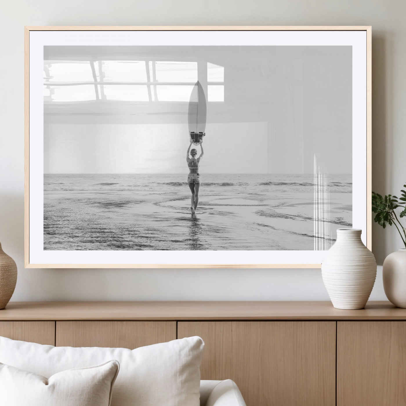 98446901-MGC-FP-36x24_Natural-Monochrome Surf Wall Art Canvas Print, Framed Minimalist Surfer Art Picture Print, Surfboard Silhouette Perfect Coastal Minimalist