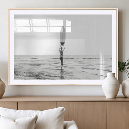 98446901-MGC-FP-36x24_Natural-Monochrome Surf Wall Art Canvas Print, Framed Minimalist Surfer Art Picture Print, Surfboard Silhouette Perfect Coastal Minimalist