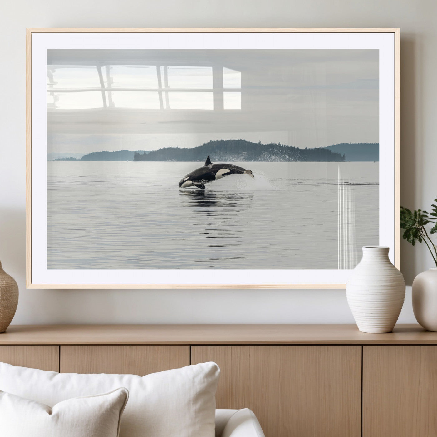 10157174-MGC-FP-36x24_Natural-Orca Whale Wall Art Canvas Print, Framed Black White Whale Art Picture Print, Minimalist Ocean Perfect Coastal Minimalist Decor