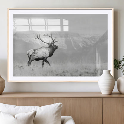 62278753-MGV-CV-36X24-Monochrome Elk Wall Art Canvas Print, Framed Mountain Wildlife Art Picture Print, Rustic Nature Perfect Rustic Minimalist Decor